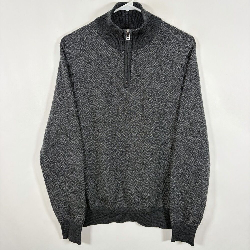BONOBOS Slim Fit 1/4 Zip 100% Merino Wool Sweater Mens Medium Gray Herringbone